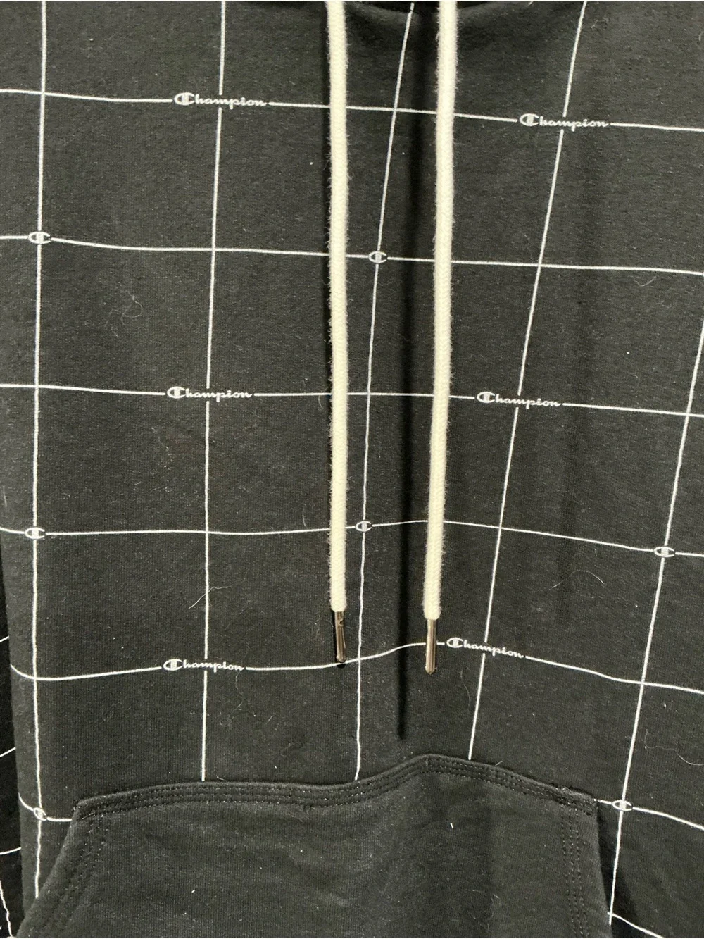 Champion Black Grid Pullover Hoodie with White Drawcords